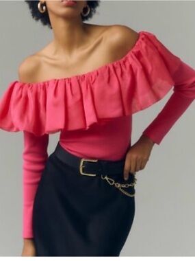 Anthropologie Black Off-Shoulder Ruffle Crop Top size S